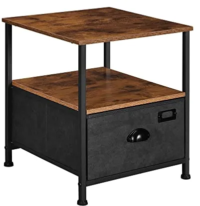 SONGMICS nattbord, med 2 hyller og 1 skuff - rustikk brun MDF og svart kunstig semsket skinn/metall (41x41)